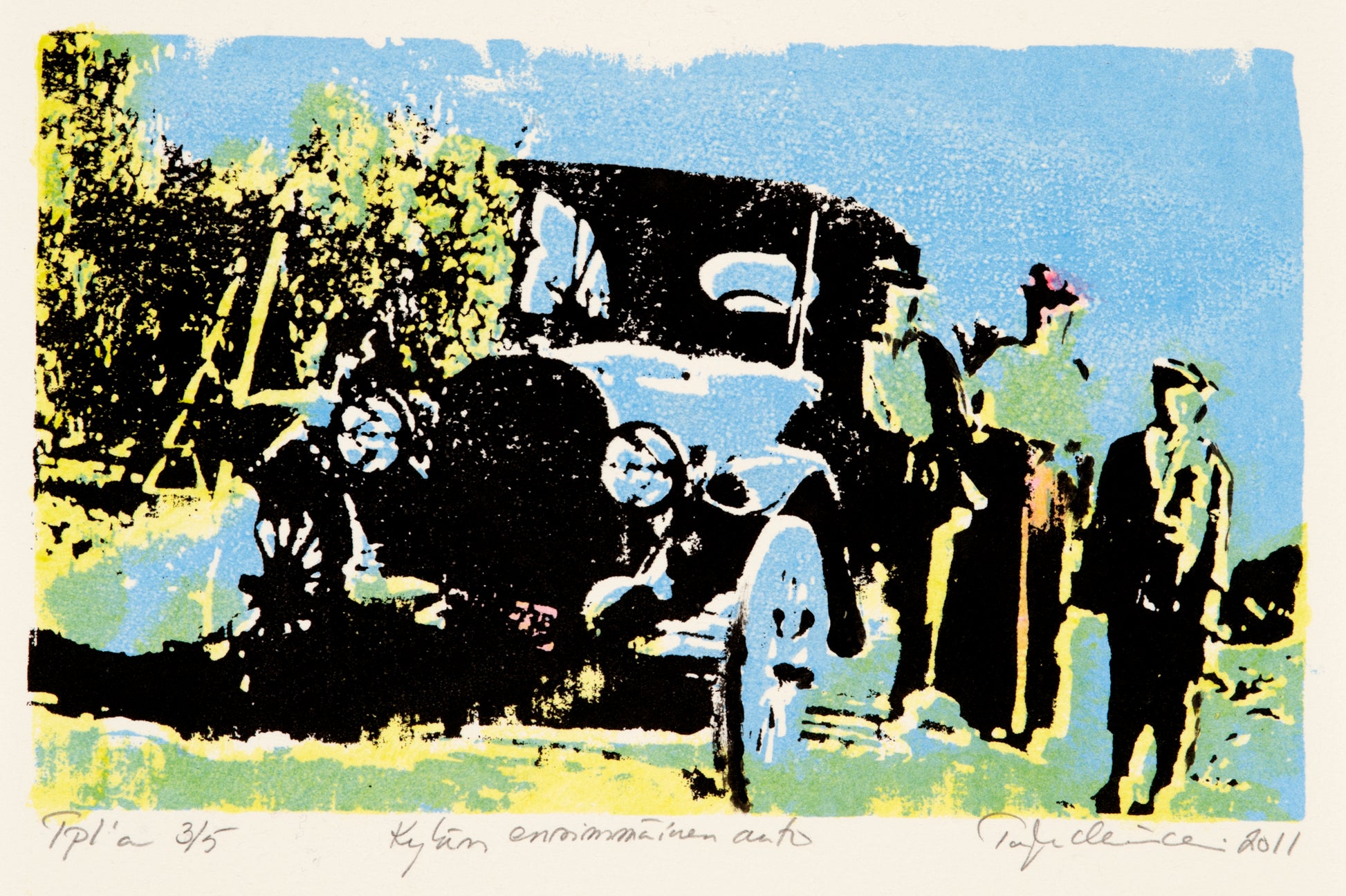 Serigraphy artwork "Kylän ensimmäinen auto"  The village's first car